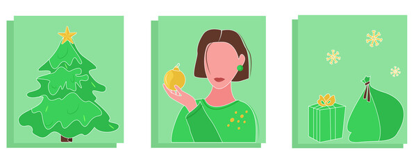 Flat Abstract Portrait of Woman in Winter Holiday.Christmas Tree.Abstract Contemporary Art Flat Style.Flat Vector Illustration for Decor,Interior,Wallpaper, Print, Card,Wall and Clothing. 