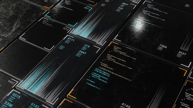 Screens of programming code on black background, seamless loop. Animation. Programming language and system engineering concept.