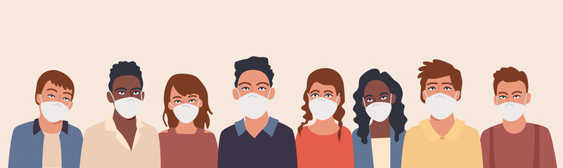 Group of men and women in a protective mask. Collection of female and male characters following recommendations for the prevention of coronavirus, flu, air pollution, contaminated air, world pollution