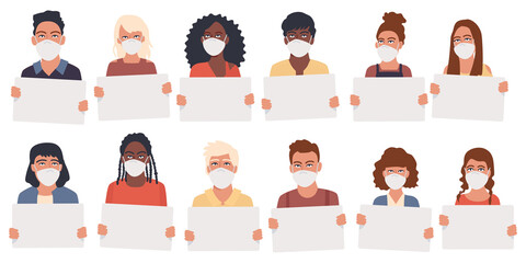 Men and women of different nationalities hold in their hands sheets of paper with a place for text. Students with clean placards. Vector illustration. Group of people demonstrating empty banners