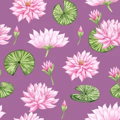 Glasschilderij Tropische planten Watercolor seamless pattern with beautiful lotus flower. Hand drawn pink water lilies and leaves floral background.