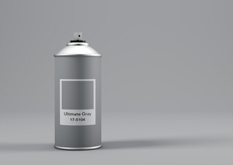 Spray paint can with the color of the year 2021 called Ultimate Gray on grey background with copy space. 3d render