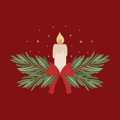 Christmas candle with spruce branches and ribbon bow. Hand drawn vector element for decoration, invitation, poster, postcard, logo, web design, banner