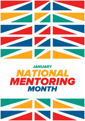 National Mentoring Month in January. Celebrate annual in United States. Personal mentor, coach or teacher. Free knowledge. Education concept. Helping a student in study, training. Vector poster