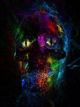 Lightpainting. Human skull on a black background. Colored illumination of the skull. long exposure photo.