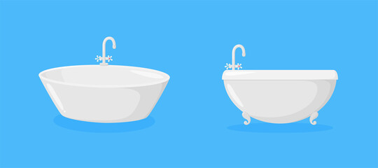 Bathtubs with faucets. Luxury ellipse tubs with tap isolated in blue background. Vector illustration in cartoon style