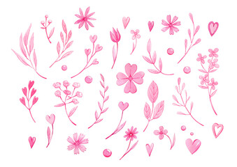 Valentines day decorations. Watercolor hand drawn pink hearts, flowers, branches, can be used as print, postcard, stickers, labels,greeting cards, invitations, textile, packaging, wrapping, tattoo.