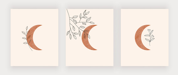 Moon with leaves wall art print. Boho mid century design posters