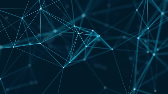 Abstract plexus of moving glowing dots and lines. Network or digital connection. Technology background. 3d rendering. 4K. Seamless loop.