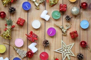 Christmas and new year decorations on wooden floor.