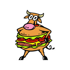 mascot cow with burger combination. beef burger vector illustration