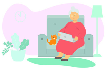 Elderly woman grandmother stays at home isolated with a pet. Sits on an armchair with a laptop in his hands. Vector graphics
