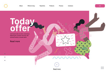 Discounts, sale, promotion voucher, web template - modern flat vector concept illustration of people dancing with a gift or discount card. Today offer