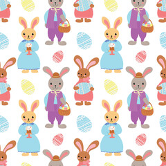 Easter bunnies and painted colorful eggs on a white background seamless pattern.