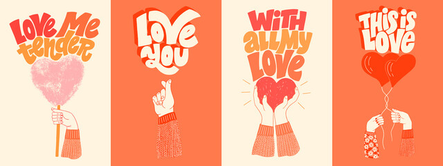 Vector card set for valentines day. Romantic collection for social media, print, t-shirt, card, poster, gift, landing page, web design elements. Hand-drawn lettering typography. Doodle illustration.