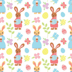 Bright vector pattern with rabbits in dresses with painted eggs, cakes and flowers on a white background. Easter ornament.