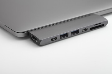 Close-up photo of type-c hub and laptop