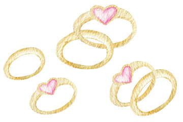Gold wedding ring with pink heart gemstone set. Watercolor isolated illustration on white background. Love Valentines day symbol