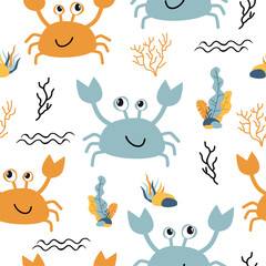 Seamless childish pattern with cute crab in cartoon scandinavian style