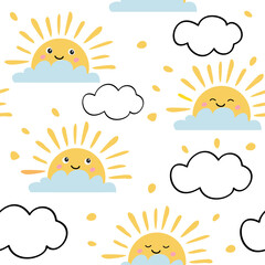 Cute seamless pattern with sun and clouds in cartoon style
