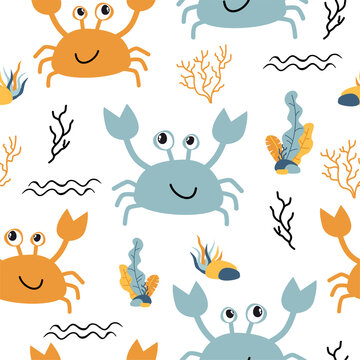 Seamless childish pattern with cute crab in cartoon scandinavian style © Iryna