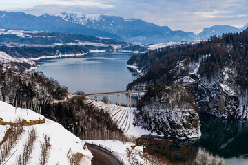 Italy, Trentino, Non Valley, Lake of Santa Giustina - 4 January 2021 - Spectacular winter view of the Santa Giustina lake