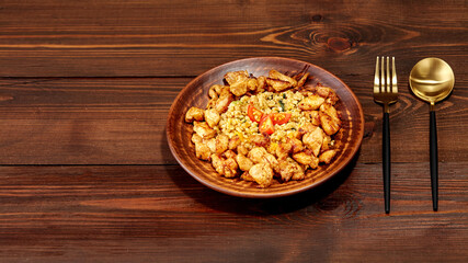 Bulgur with chicken fillet and cherry tomatoes on a plate on a wooden table. Fork and knife with copy space