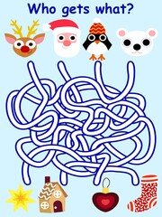 Who gets what? game stock vector illustration. Funny educational puzzle with reindeer, Santa Claus, penguin and polar bear. Cartoon colorful printable worksheet with four tangled ways. One of a series