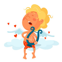 A cute funny cupid in red panties sits on a cloud and plays the harp. Cartoon vector illustration isolated on white background