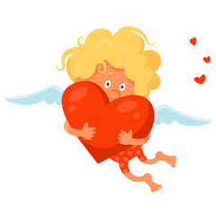 Cute funny cupid hugs a big red heart. Cartoon vector illustration isolated on white background
