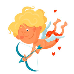 Cute funny cupid takes aim from a bow. Valentine's day cartoon vector illustration isolated on white background