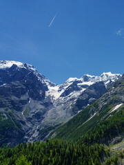 Mountain landscape along the road to Stelvio pass at summer. Glacier