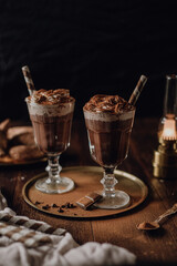 Warm chocolate and coffee beverage / drink - dark and moody vintage food photography