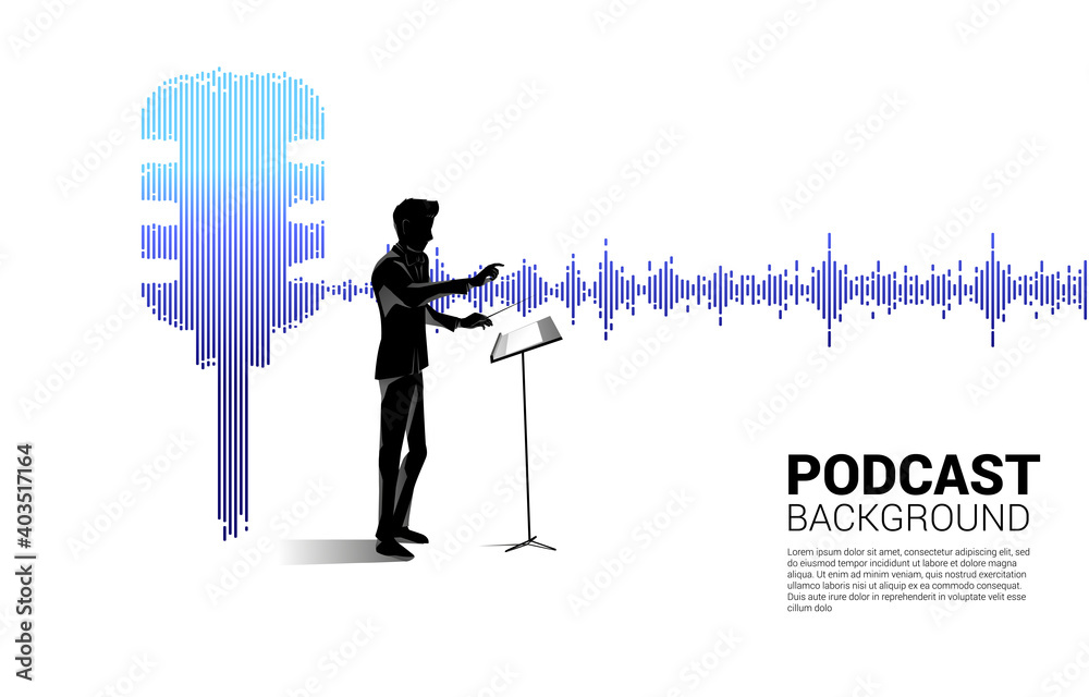 Poster vector silhouette of conductor with sound wave microphone icon equalizer background.concept of podca