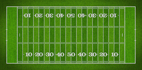 top view of standard yard size layout empty american football sport field with real green realistic grass and copy space. Team sports recreation background