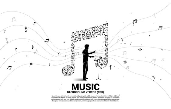 Vector silhouette of conductor with music icon shaped from key note dancing . Concept background for song and concert theme.