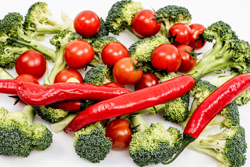 cherry tomatoes, broccoli, and hot red peppers