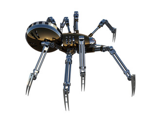 Mechanical spider Artificial intelligence. High resolution image isolated on white background. 3D rendering, 3D illustration.
