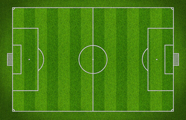 top view of standard size layout empty sport soccer field with real green realistic grass and copy...