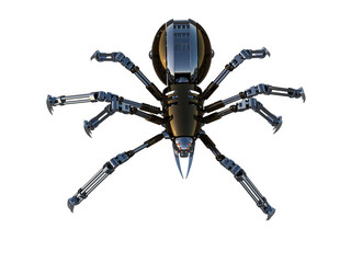 Mechanical spider Artificial intelligence. High resolution image isolated on white background. 3D rendering, 3D illustration.