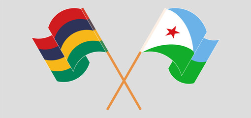 Crossed and waving flags of Mauritius and Djibouti