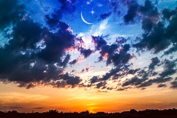 Crescent moon with beautiful sunset background . Generous Ramadan . Religion background