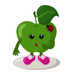Cute thoughtful or surprised apple with ladybug and sneakers emoticon. Colorful kawaii fruit. Isolated vector illustration.	