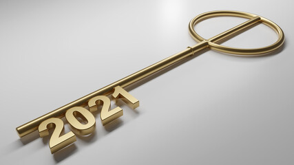 Happy New Year Background. Key with 2021. 3D illustration