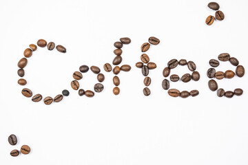 the word coffee made of coffee beans on a white background