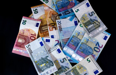 Money Euro value banknotes, European Union payment system, isolated on black