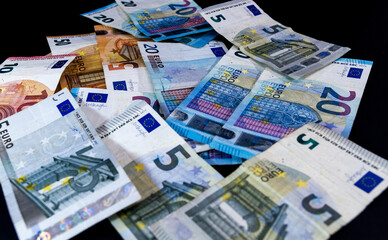 Money Euro value banknotes, European Union payment system, isolated on black
