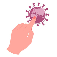 Hand touching, pressing or pointing a virus globe button with index finger. Isolated colored vector illustration in flat style on white background	