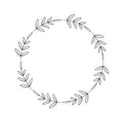Round wreath with simple twigs and leaves. Frame design in a linear style. Circle with foliage. Border for logo, tags, home album, scrapbooking. Vector illustration isolated on white background. Black