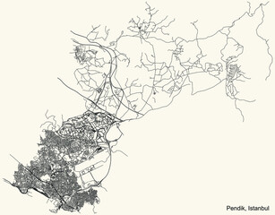 Black simple detailed street roads map on vintage beige background of the neighbourhood district Pendik of Istanbul, Turkey